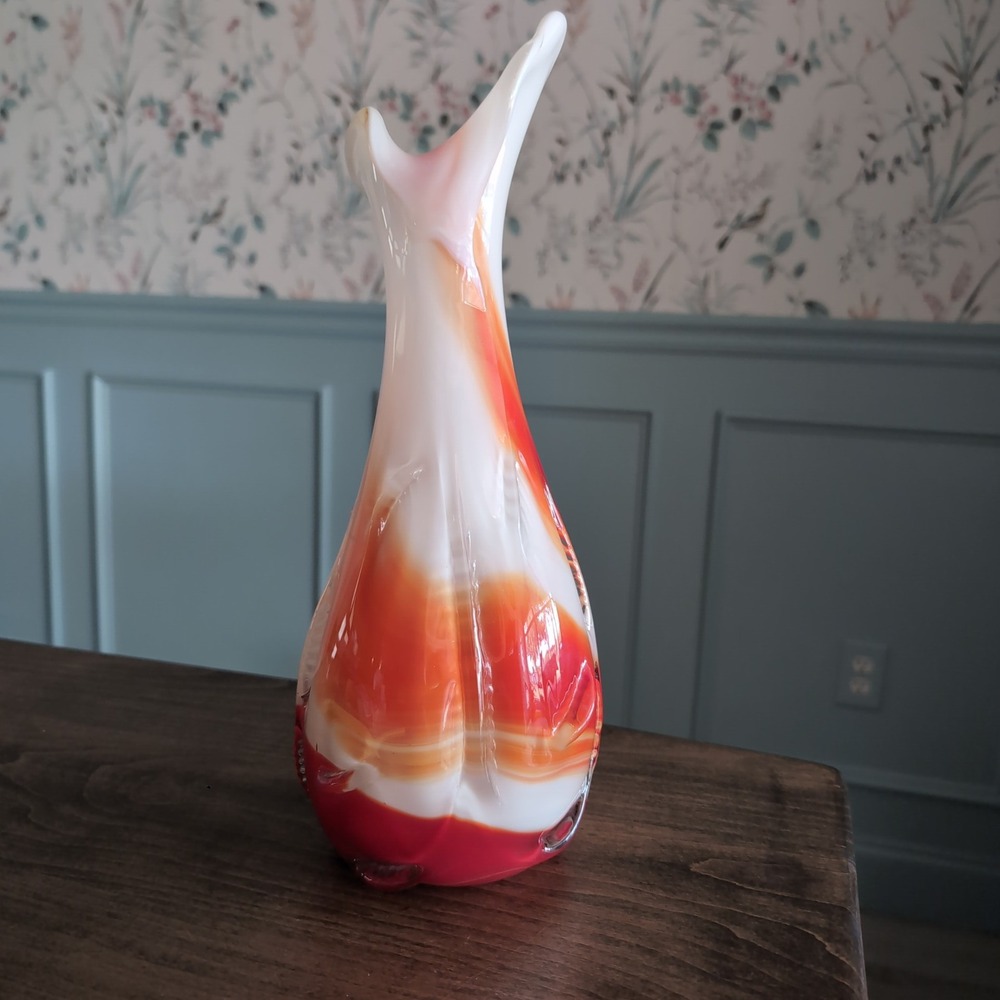 Vintage Hand Blown Swung Art Glass Vase Red Orange White Cased Prunts 13.5"